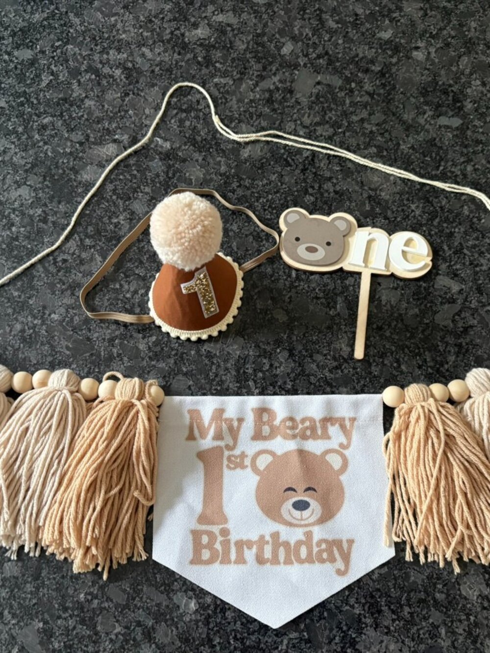 My Beary First Birthday banner, birthday cap, cake pick "One"